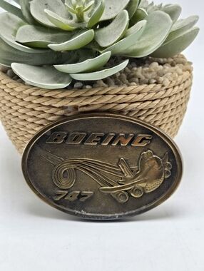 Vtg BTS Boeing 747 Solid Brass Belt Buckle Airplane Aviation Statement Men's
